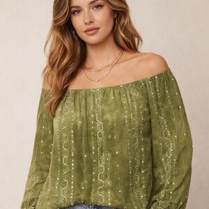 Sienna Grace Olive Green Sequin Boho Off Shoulder Peasant Top Size Small Y2K